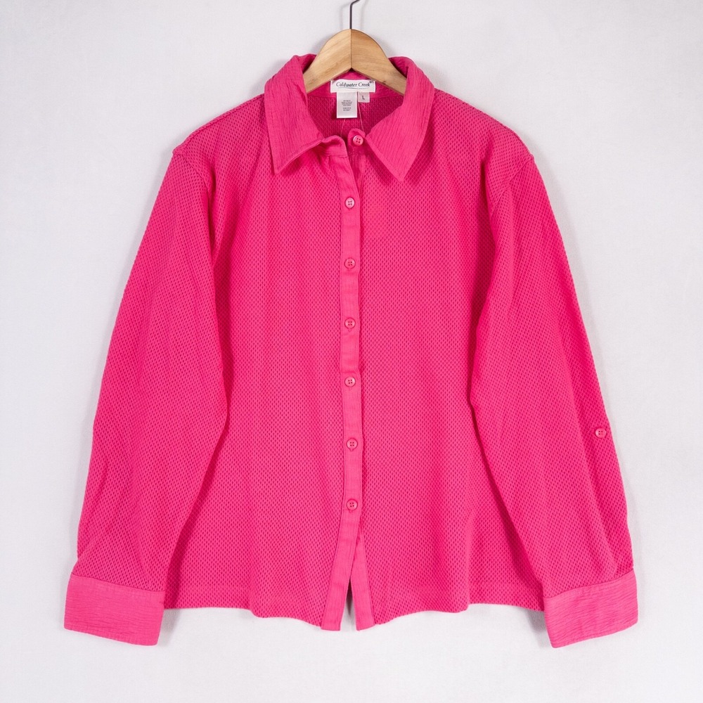 Coldwater Creek Mesh Knit Big Shirt Size Large Pink Button Up Roll Tab Sleeves